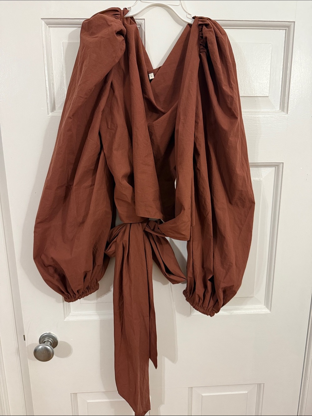Johanna Ortiz Rust Brown Puff-Sleeve Wrap Blouse with Waist Tie